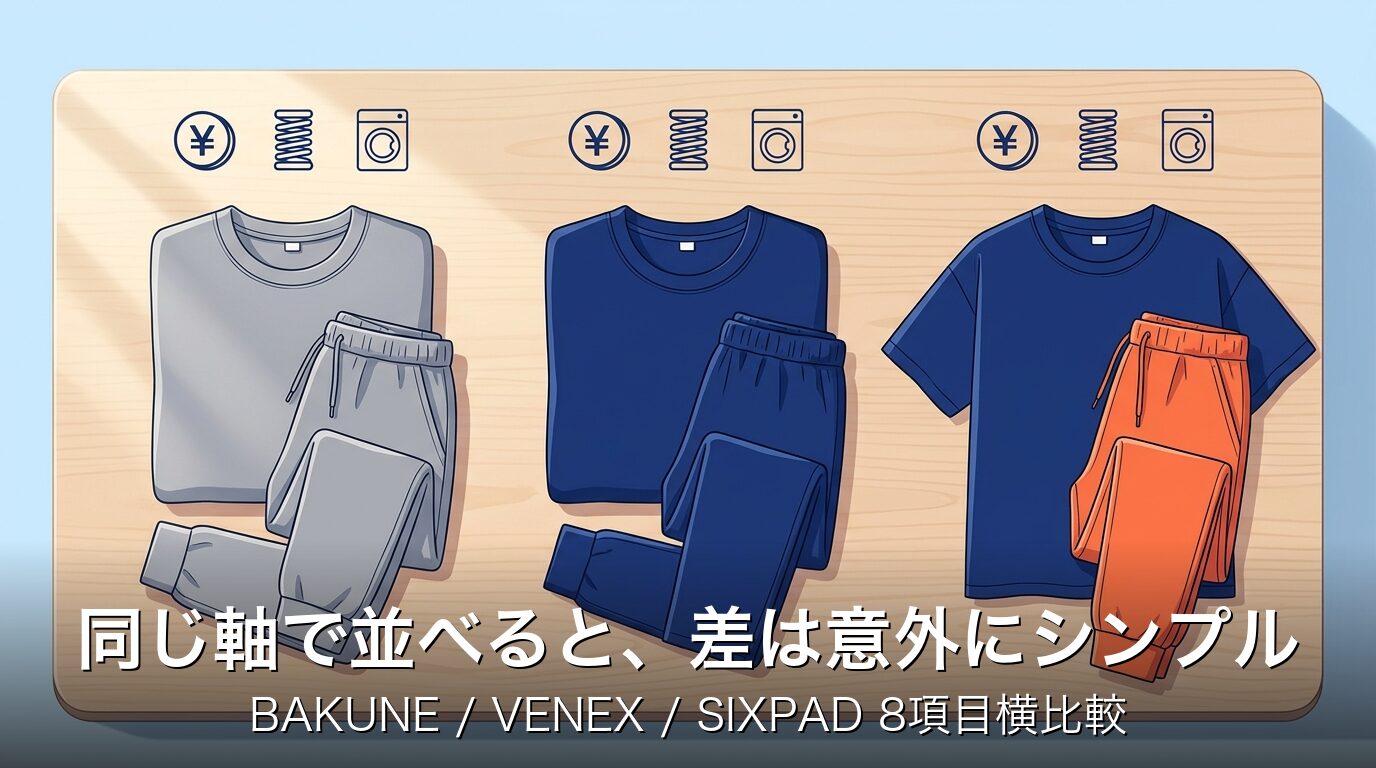 3ブランド比較一覧表｜同じ軸で並べた3着のフラットレイ