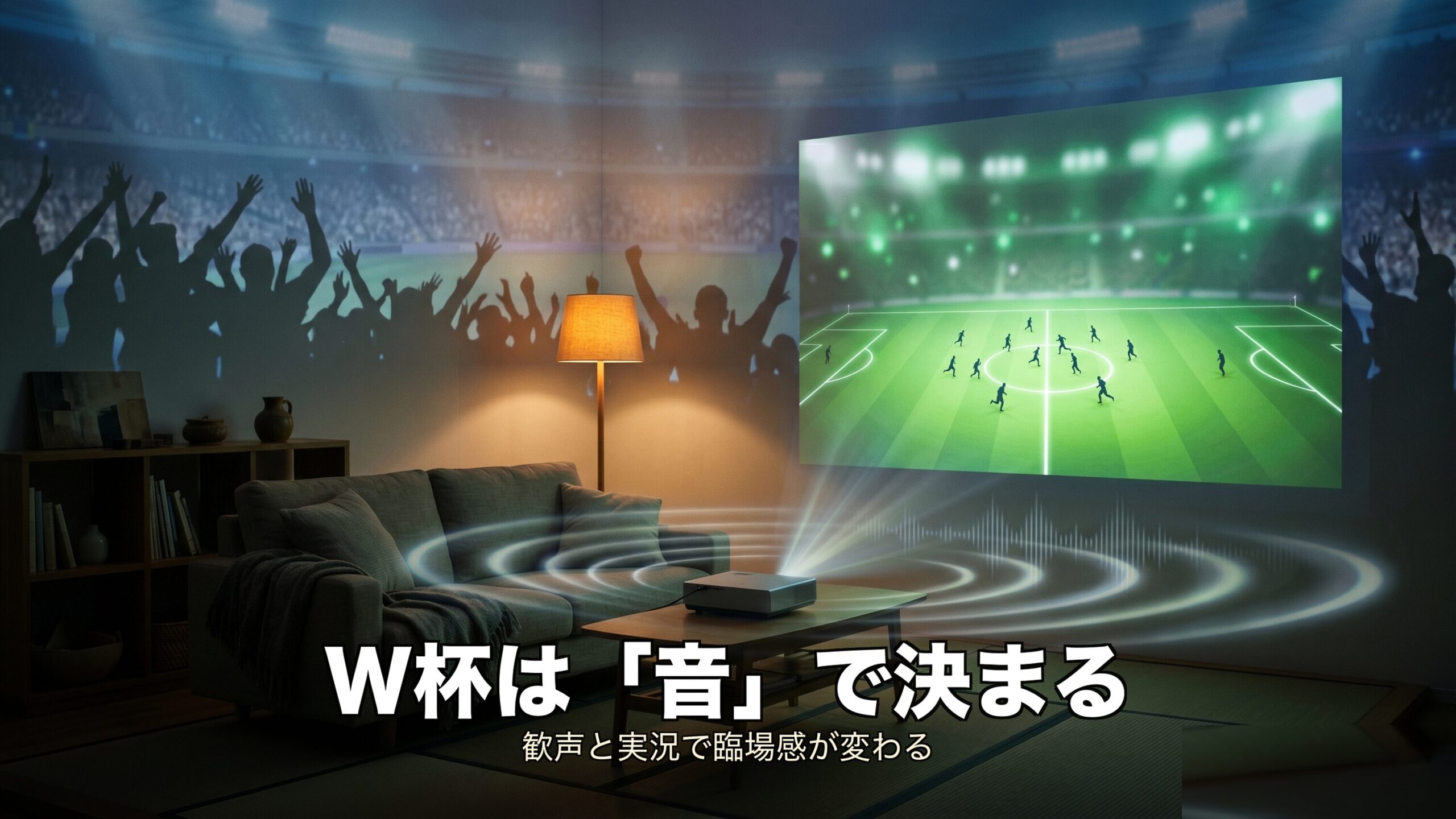 W杯観戦で歓声と実況の音が臨場感を生むイメージ