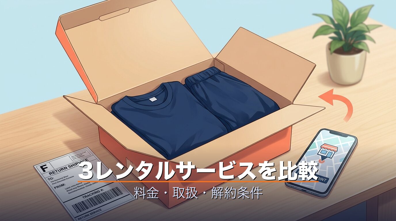 レンタルサービスの梱包箱と衣服・コンビニ返却OKのイメージ