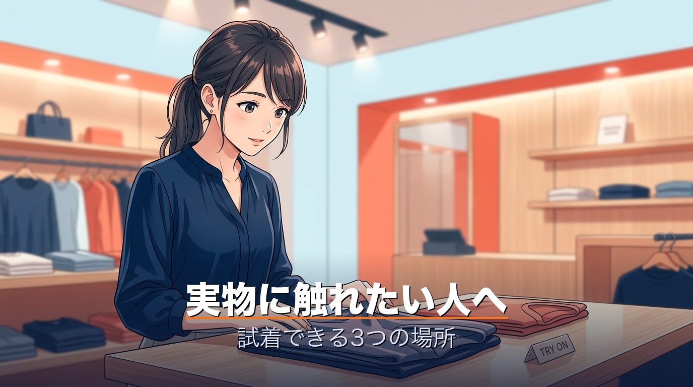 百貨店内の試着シーンと実物に触れるイメージ
