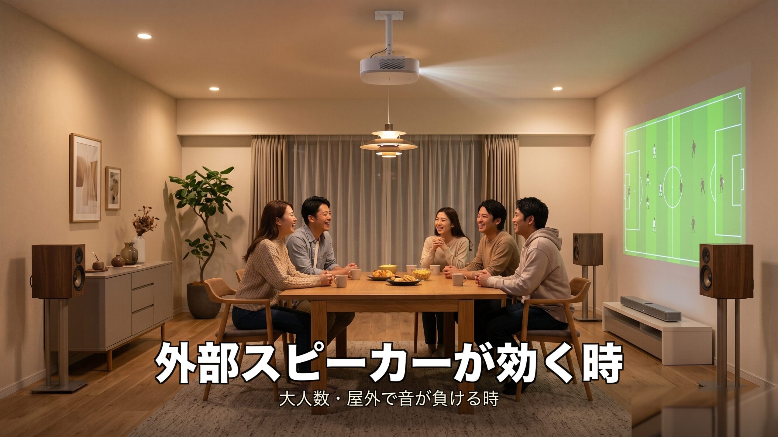 大人数や屋外で外部スピーカーを追加したほうがいい場面のイメージ