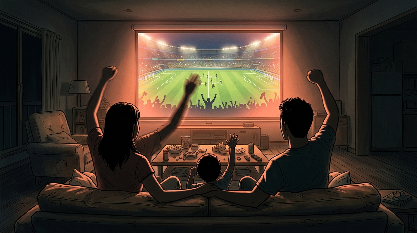 W杯を大画面プロジェクターで観戦する達成感のあるビジュアル