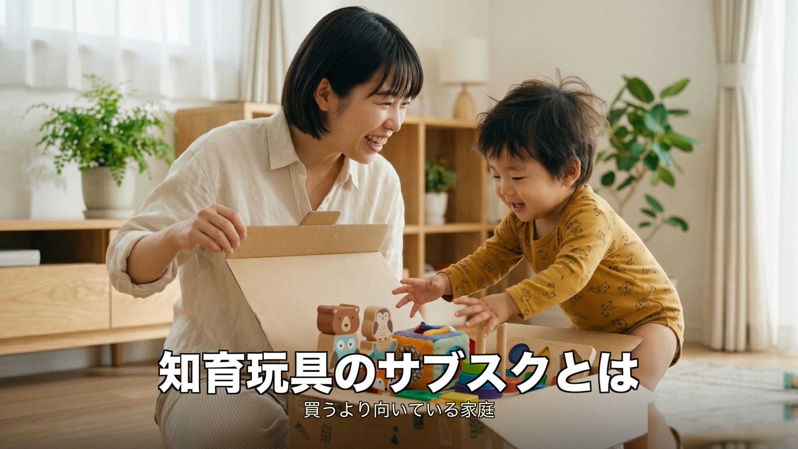 知育玩具のサブスクの仕組みと、買うより向いている家庭を示すイメージ
