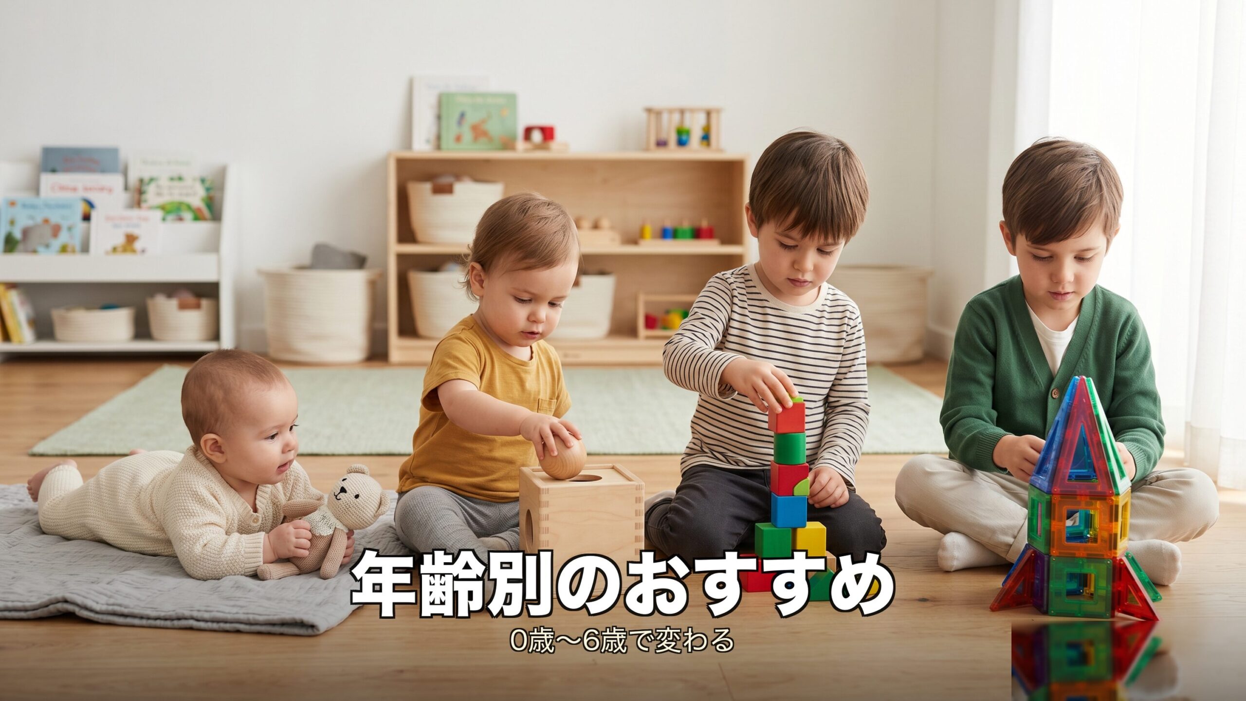 0歳から6歳まで年齢別に変わる知育玩具のおすすめを示すイメージ