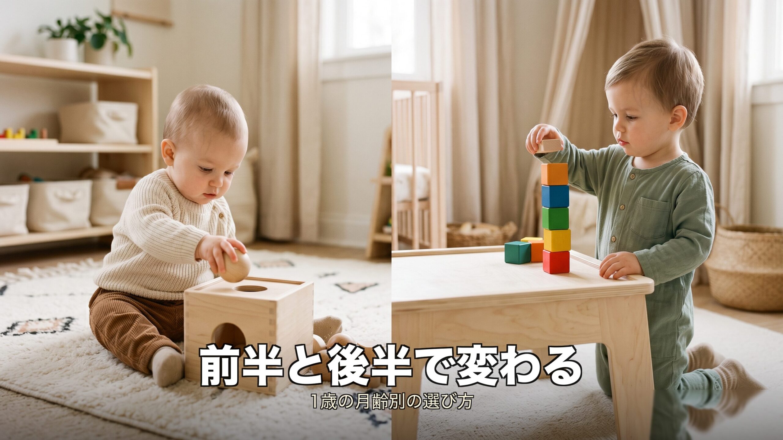 1歳前半と後半で発達と適したおもちゃが変わることを示すイメージ