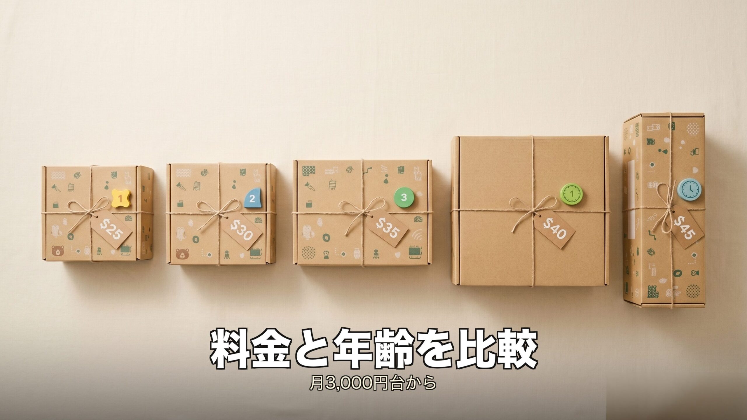 主要なおもちゃサブスク各社の料金と対象年齢を一覧で比較する表のイメージ