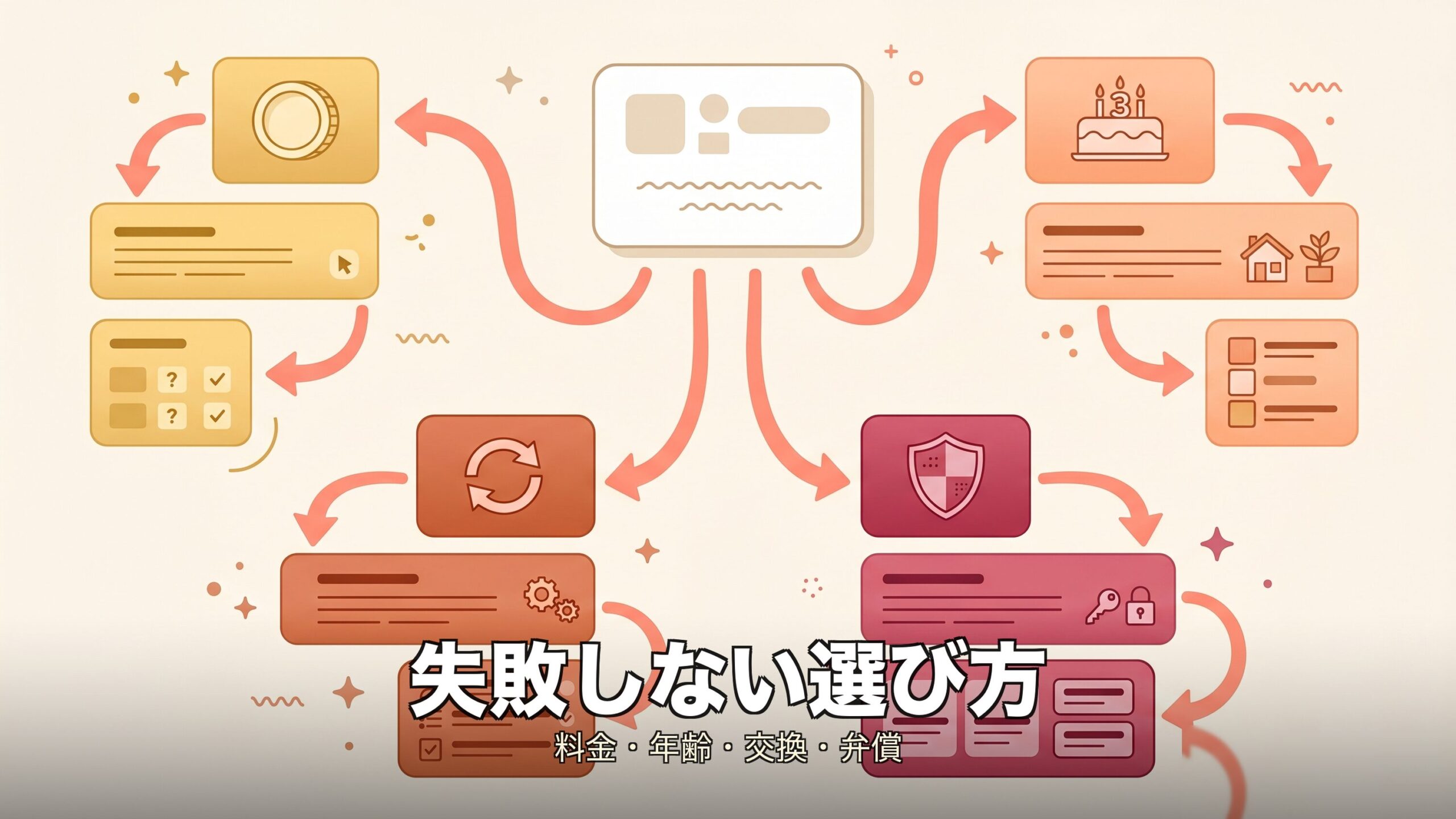 おもちゃサブスクを料金・年齢・交換・弁償の4つの軸で選ぶ判断フローのイメージ