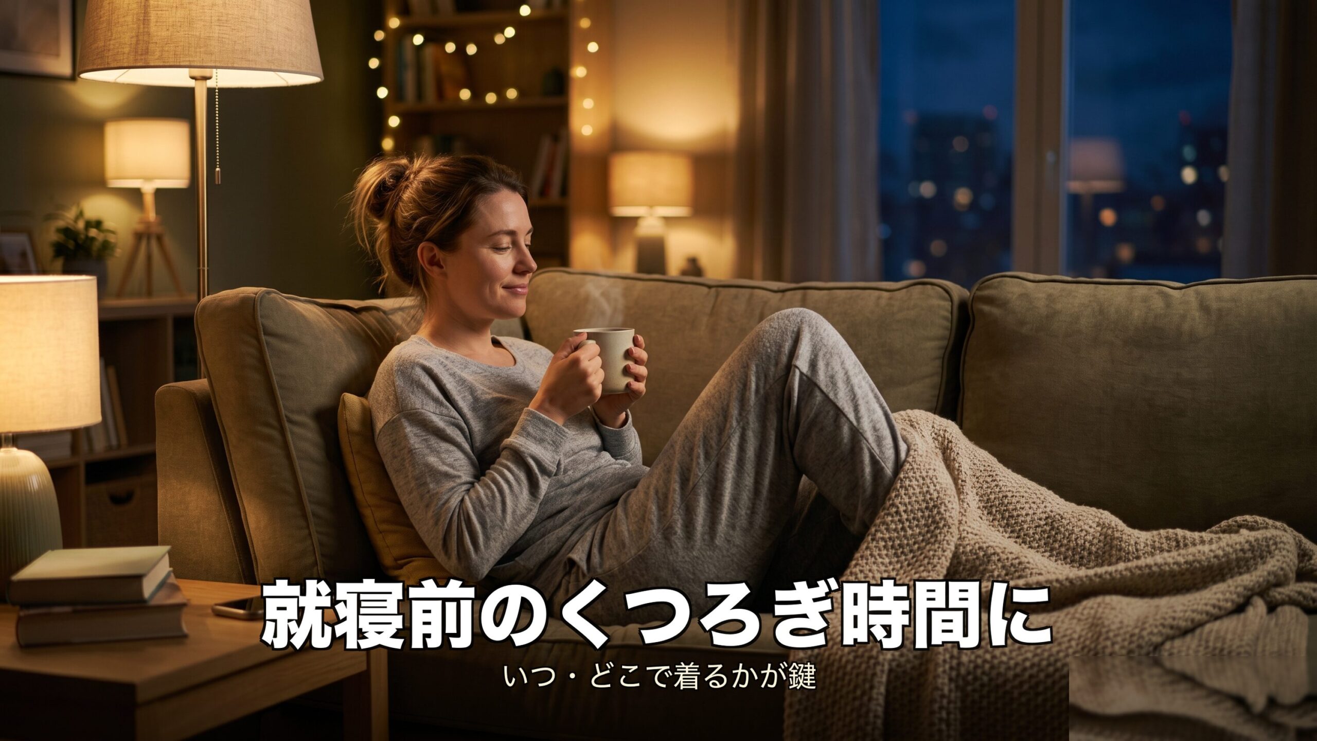 就寝時やリラックスタイムにリカバリーウェアを着るイメージ