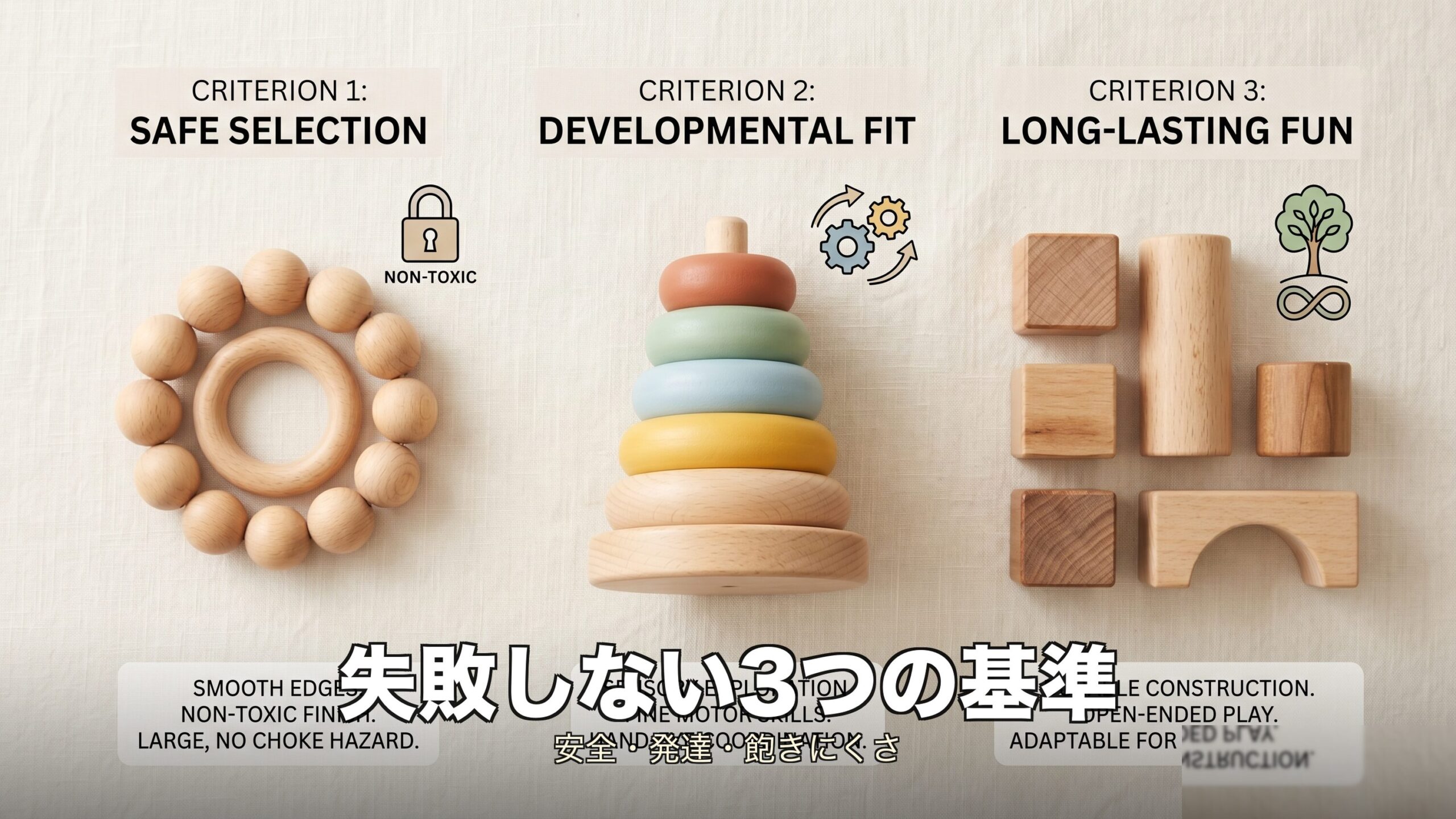 1歳の知育玩具を安全・発達・飽きにくさの3つの軸で選ぶイメージ