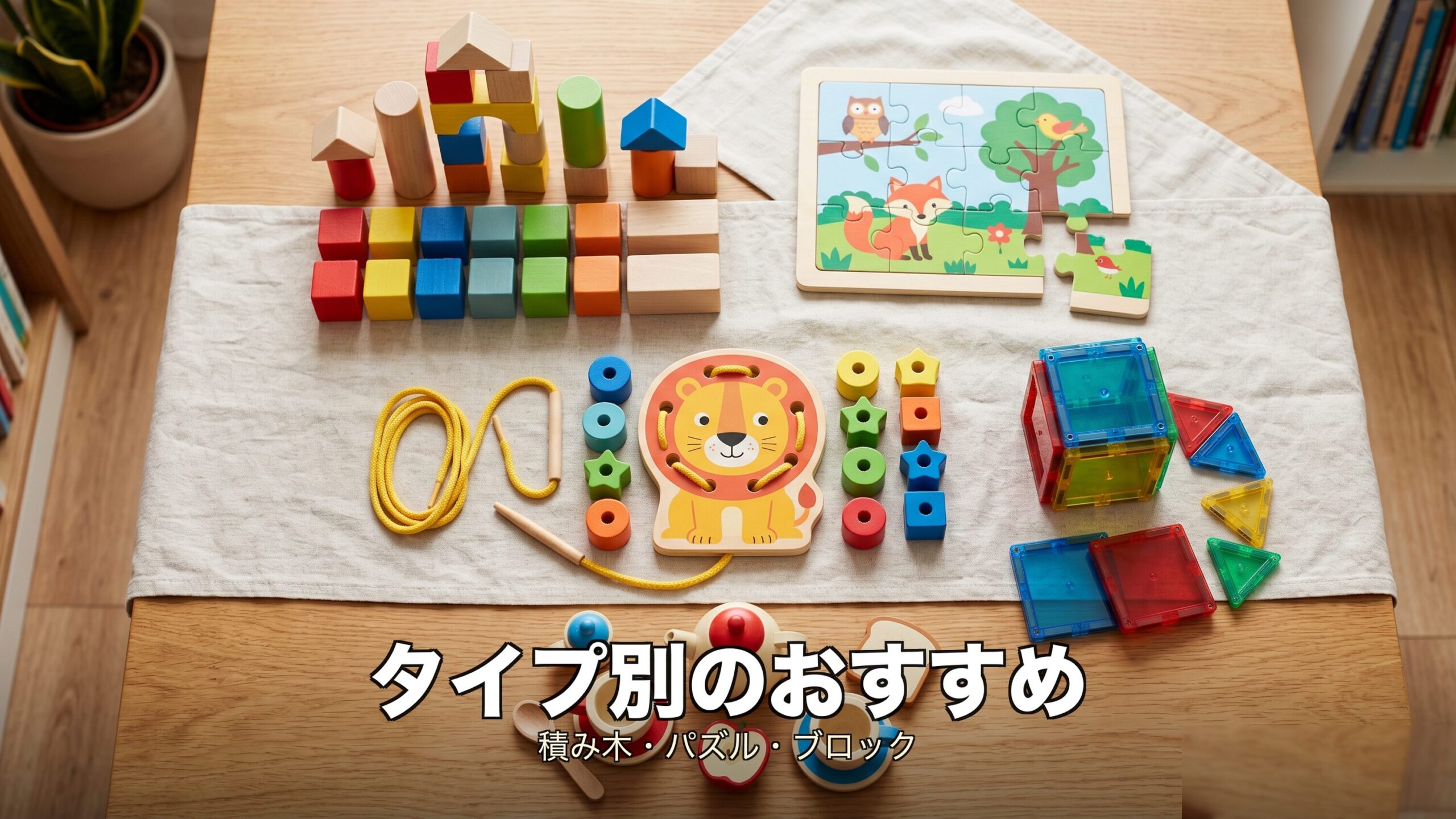 積み木やパズル、ブロックなどタイプ別の知育玩具おすすめを紹介するイメージ