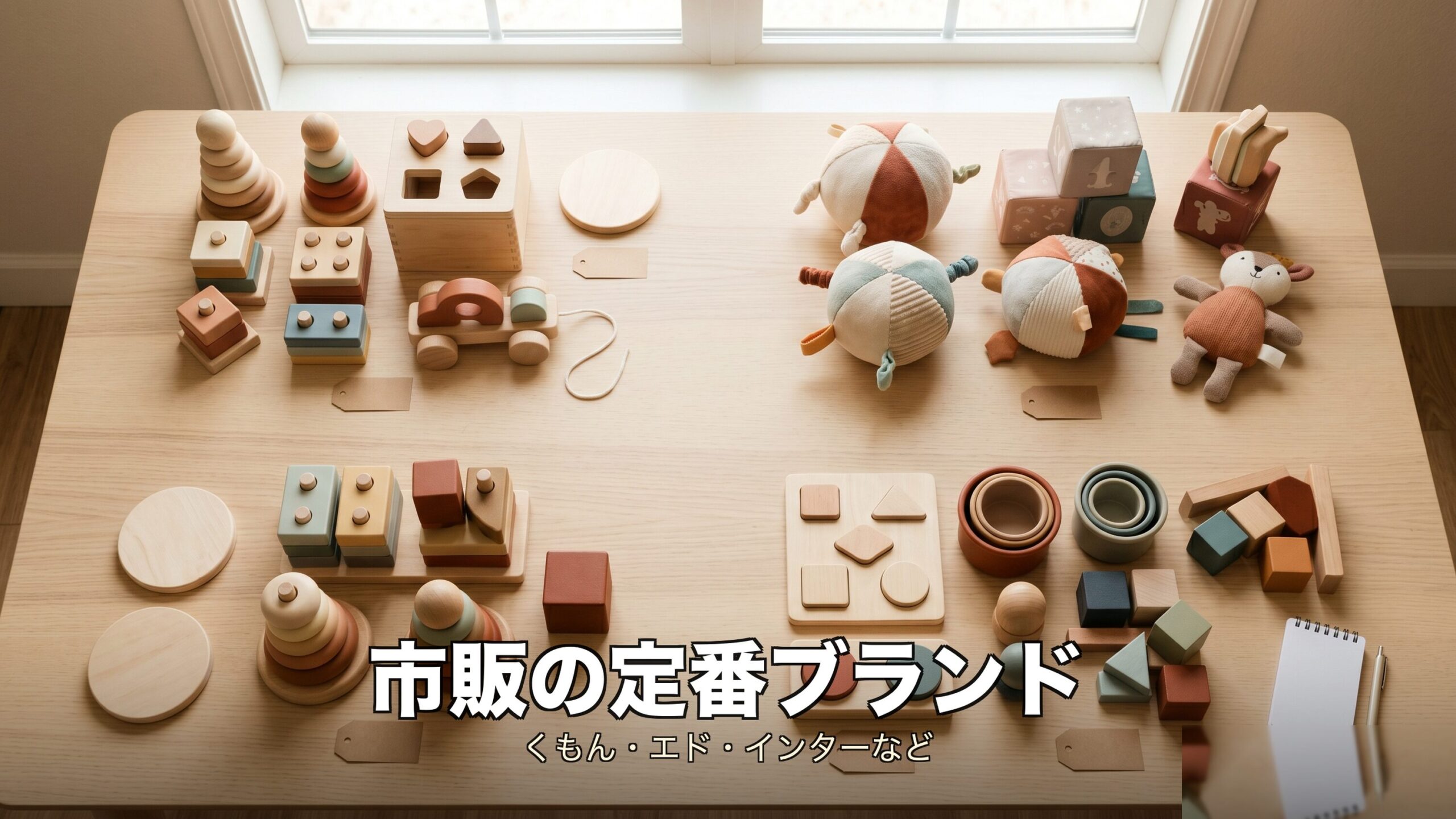 1歳向け知育玩具の市販の定番ブランドを紹介するイメージ