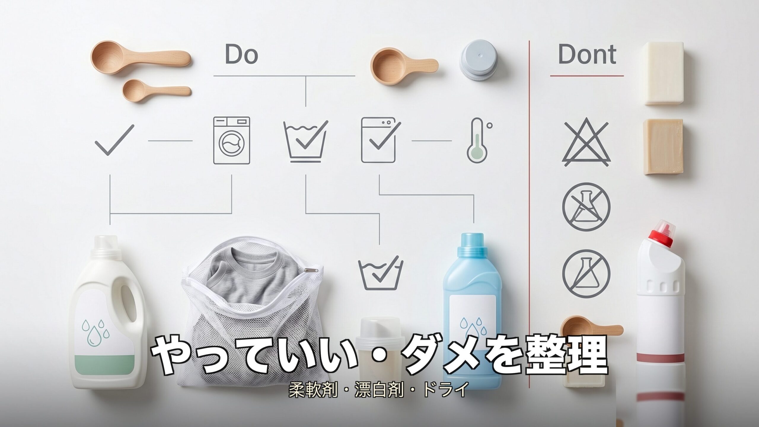 柔軟剤OK・漂白剤NG・ドライクリーニングNGを示す一覧イメージ