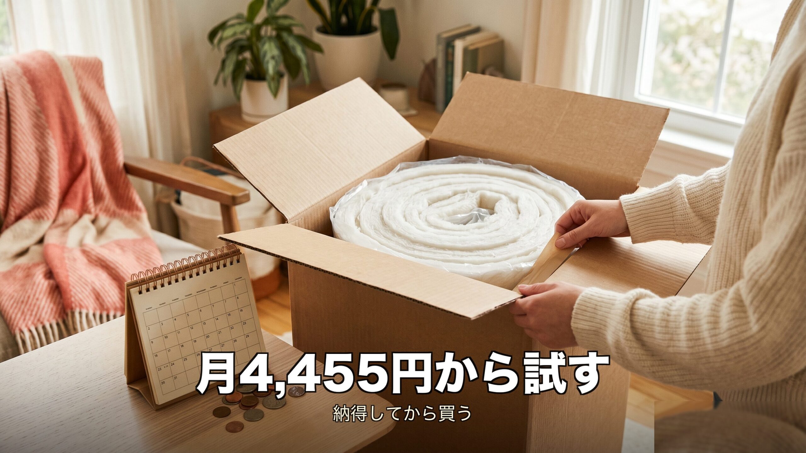 自宅に届いたマットレスを月額レンタルで試すイメージ