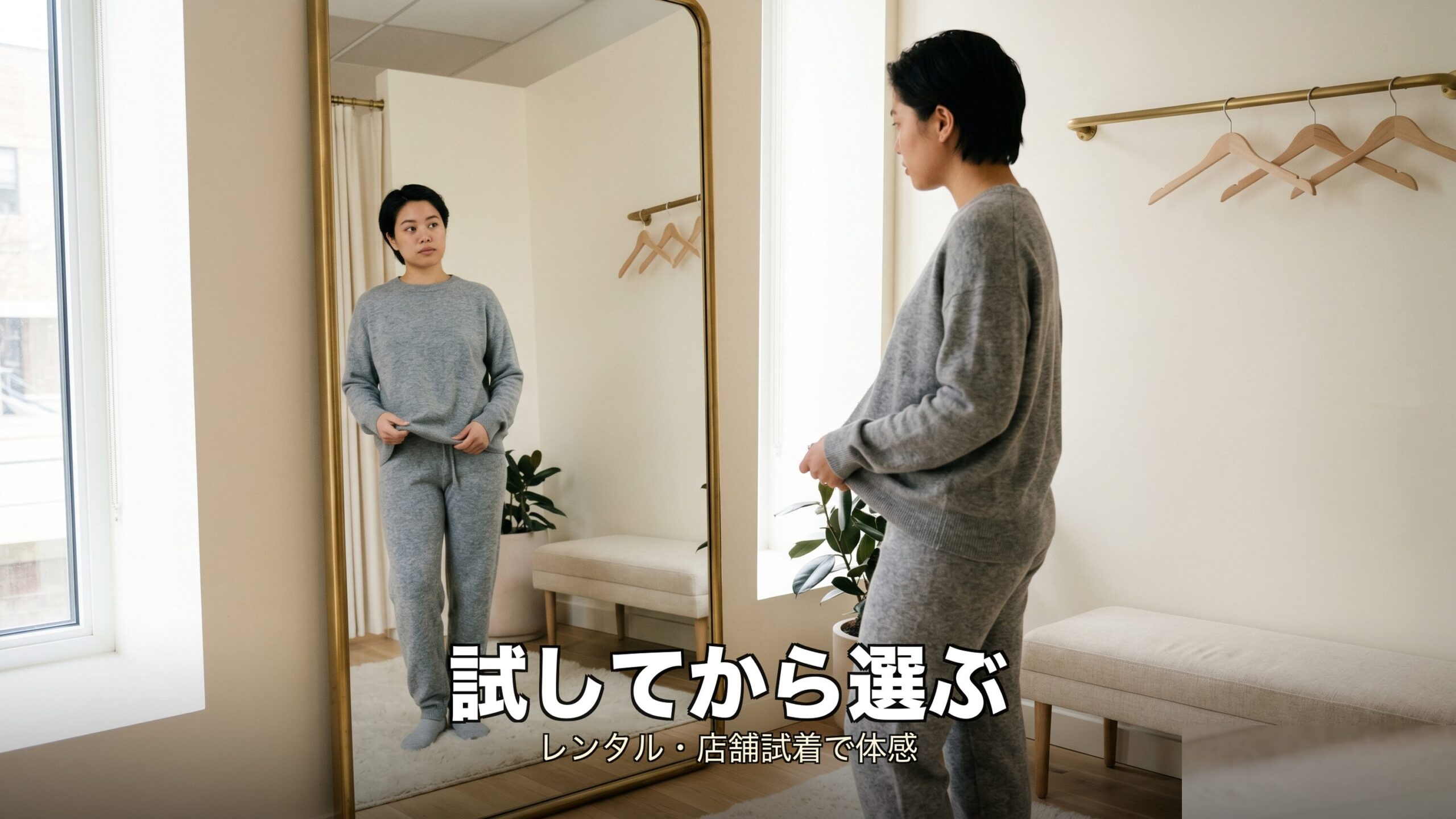 購入前にレンタルや試着でサイズと着心地を確かめるイメージ