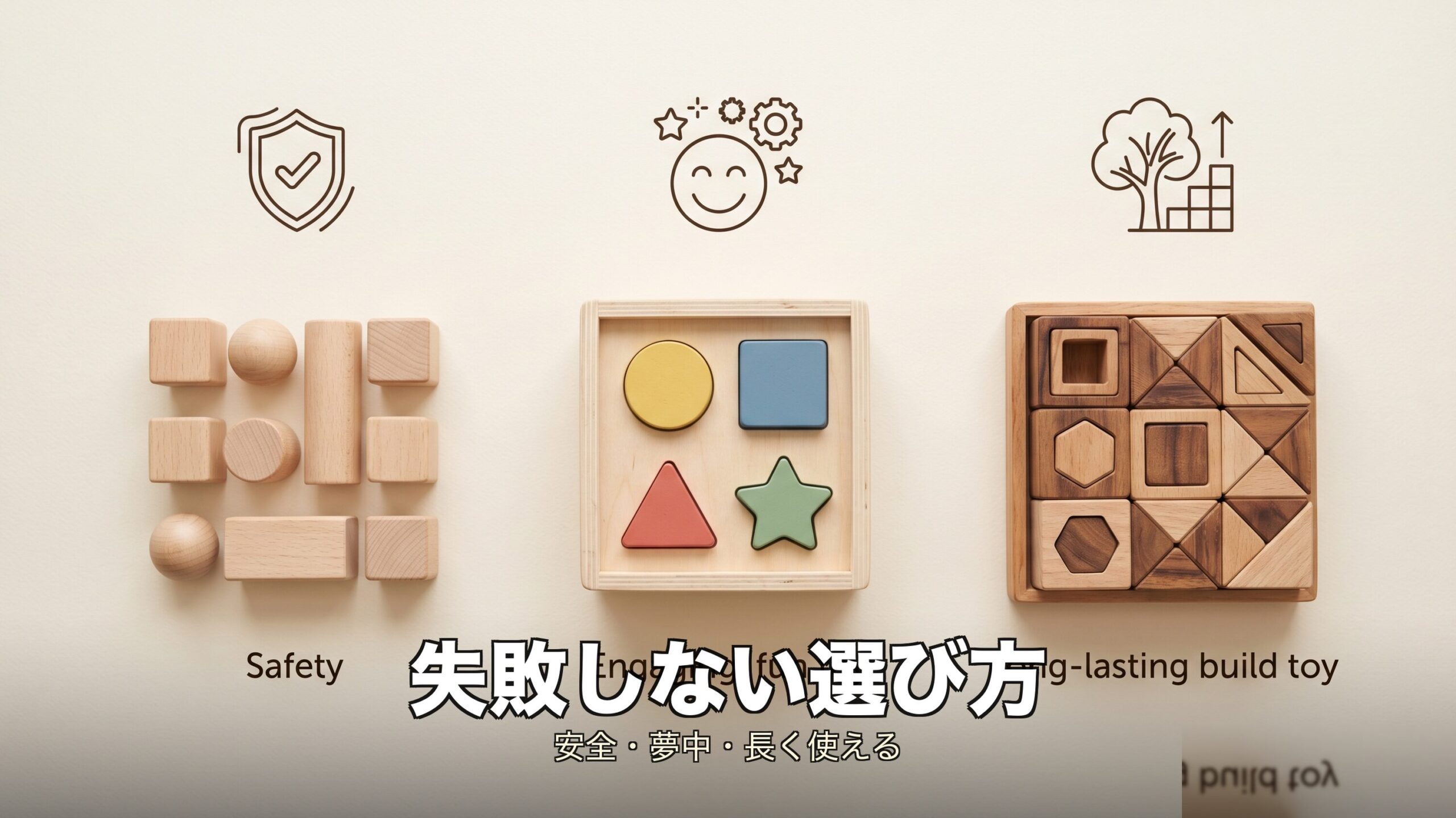 2歳の知育玩具を安全・夢中・長く使えるの3つの軸で選ぶイメージ