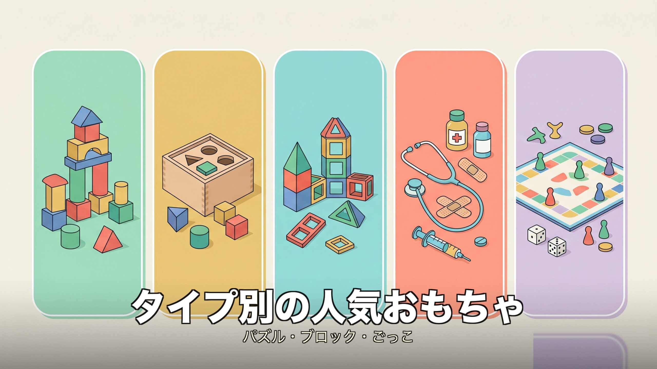 2歳に人気のパズル・ブロック・ごっこ・運動のタイプ別おもちゃを紹介するイメージ