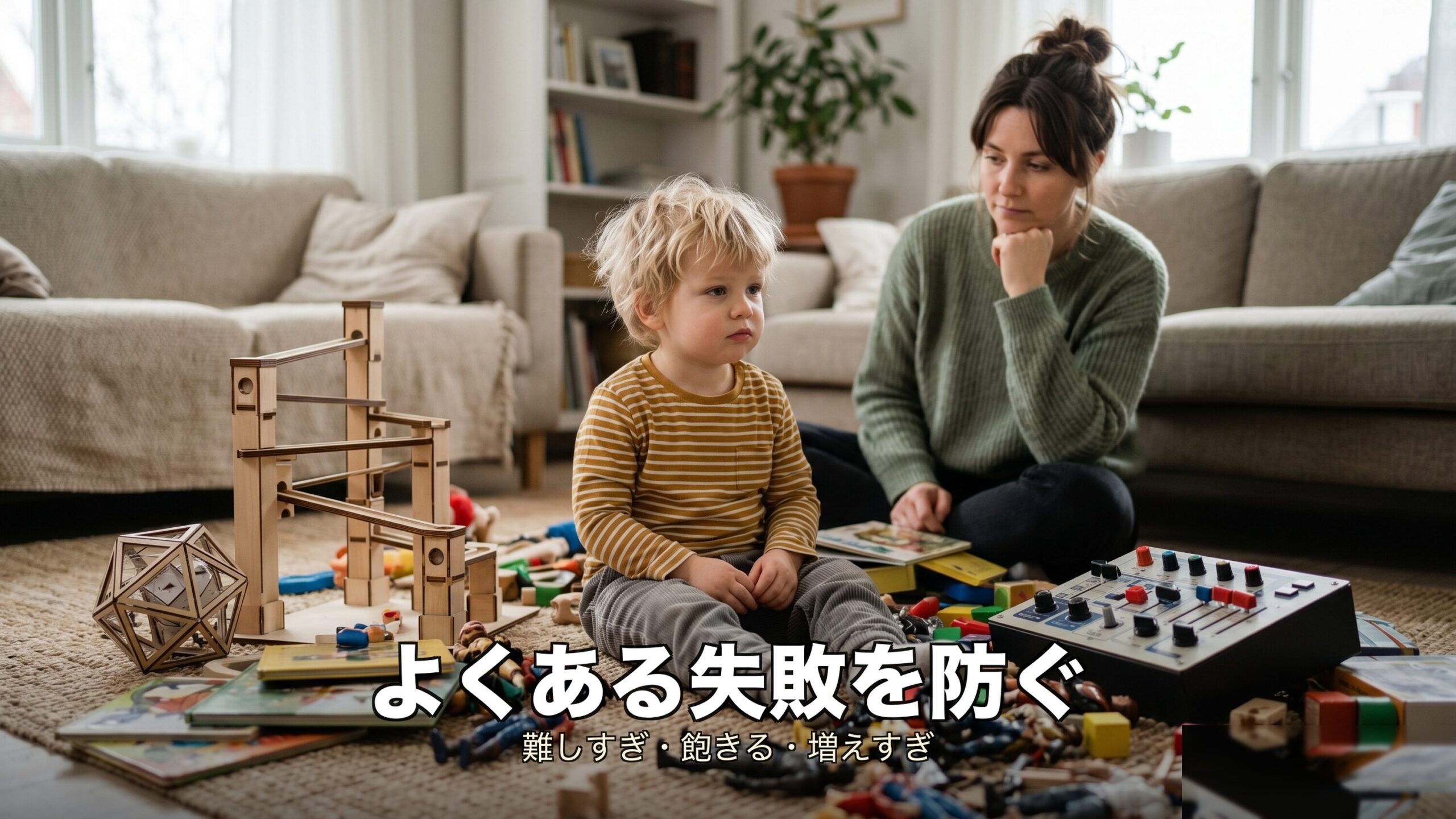 2歳の知育玩具でよくある難しすぎ・すぐ飽きる・増えすぎの失敗のイメージ