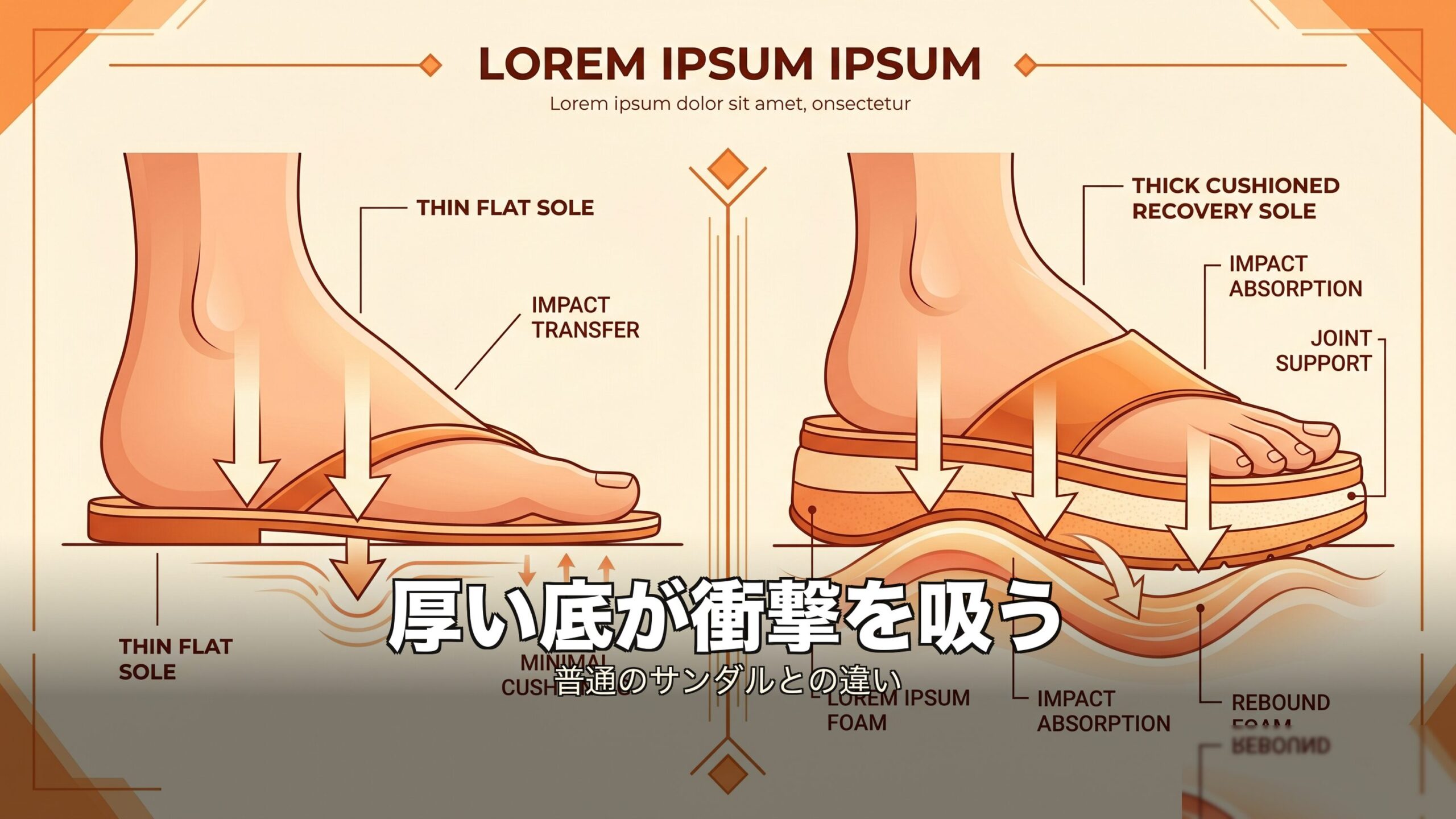 リカバリーシューズの厚いクッションが衝撃を吸収するしくみのイメージ
