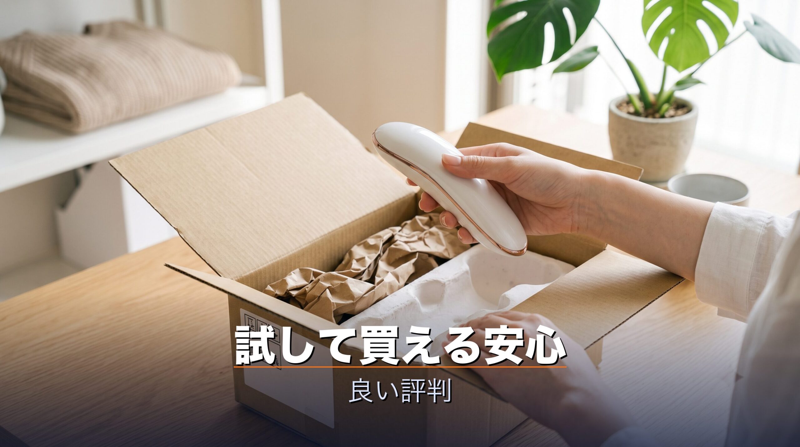 宅配で届いた美容家電を開封して試せるエアクロモールの良い評判を示すイメージ