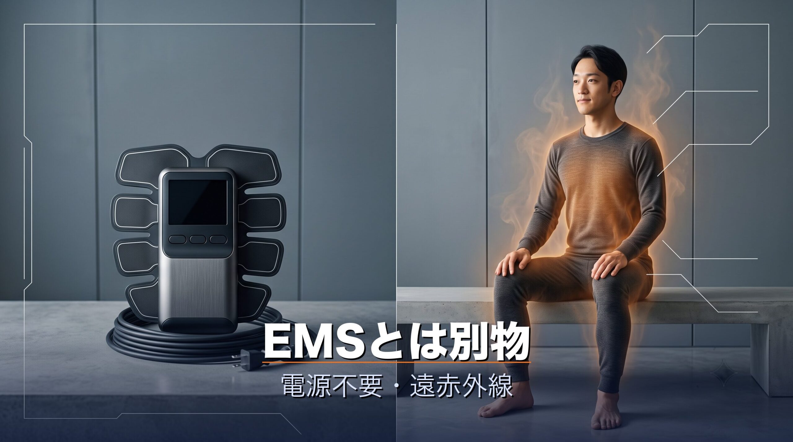 シックスパッドのウェアはEMSの電気刺激ではなく体温を遠赤外線に変えて血行を促す電源不要の仕組みという図解イメージ