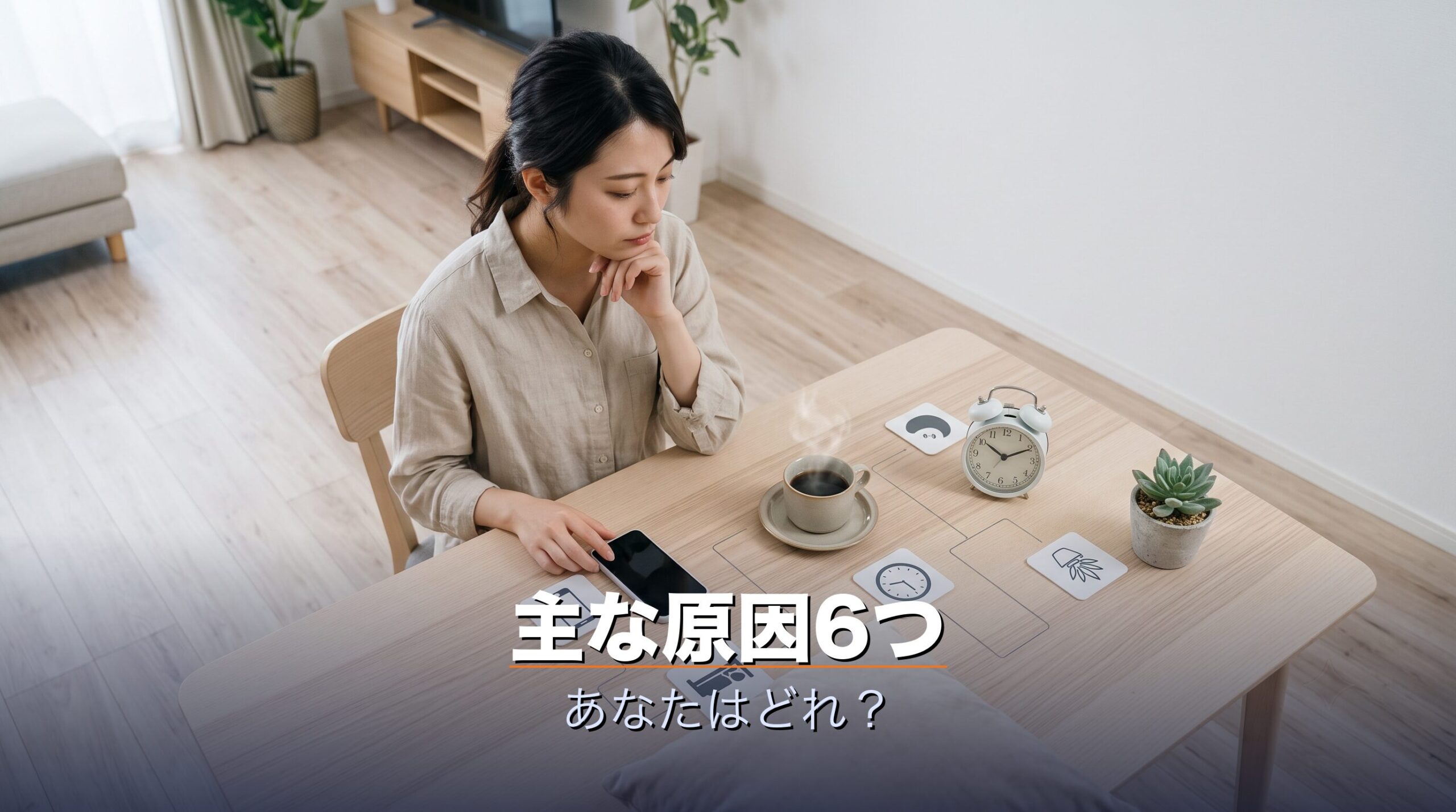 睡眠の質・自律神経・血行冷え・生活習慣・寝具環境・心の疲れという6つの原因を整理した図解イメージ
