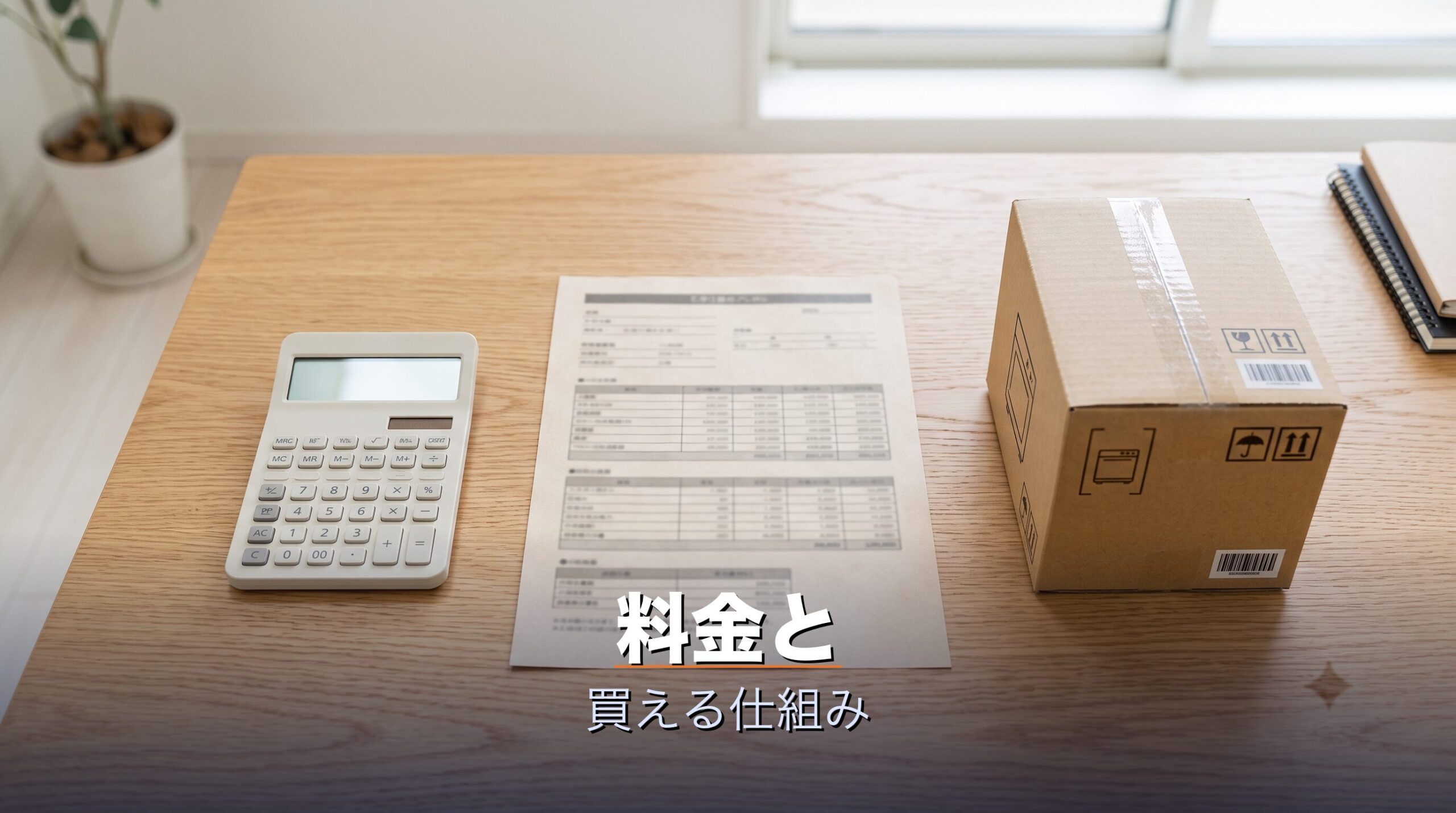 エアクロモールの月額料金とレンタル料が購入に充当される仕組みを電卓と料金表で示すイメージ