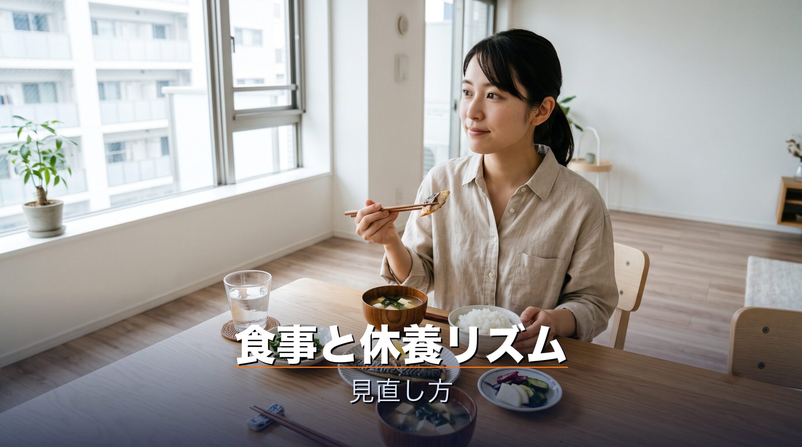 就寝前のカフェインやお酒を控えバランスのよい食事で休養リズムを整えるイメージ