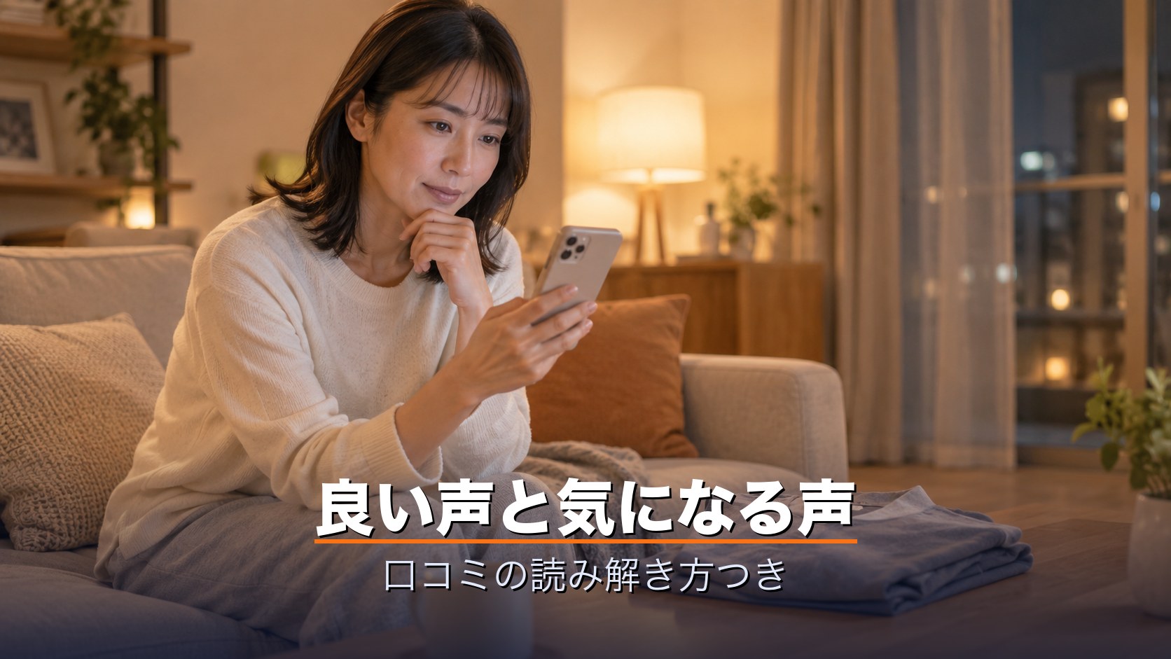 リカバリーウェアの口コミをスマホで読み比べる女性