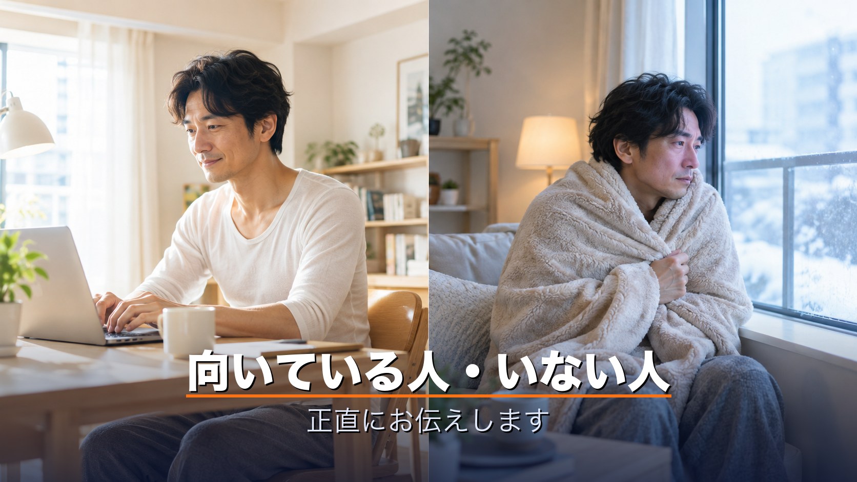 薄手インナーで快適に過ごす人と冬に寒さを感じる人を対比したイメージ