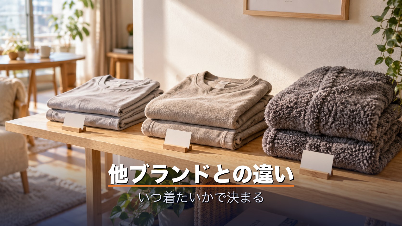 厚みの違うリカバリーウェア3着を並べてブランドを比較するイメージ
