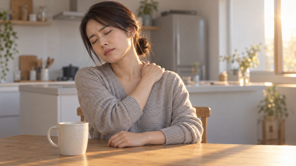 夕方のキッチンで肩に手を当てる女性|BAKUNEの効果に肩こりの治療は入っていない