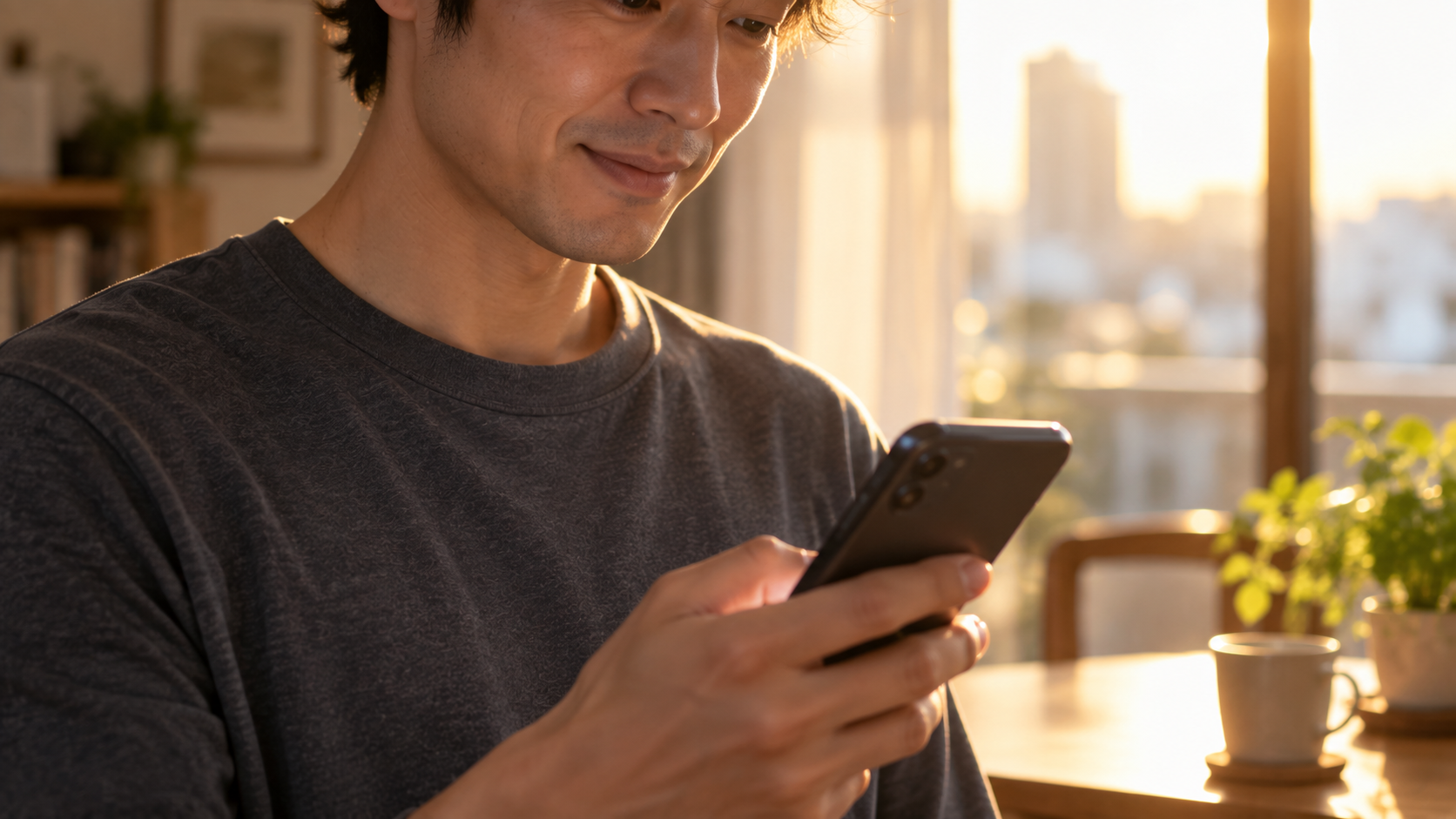 スマホで発送完了メールを確認して安心する男性|レンティオは発送完了メールで契約成立