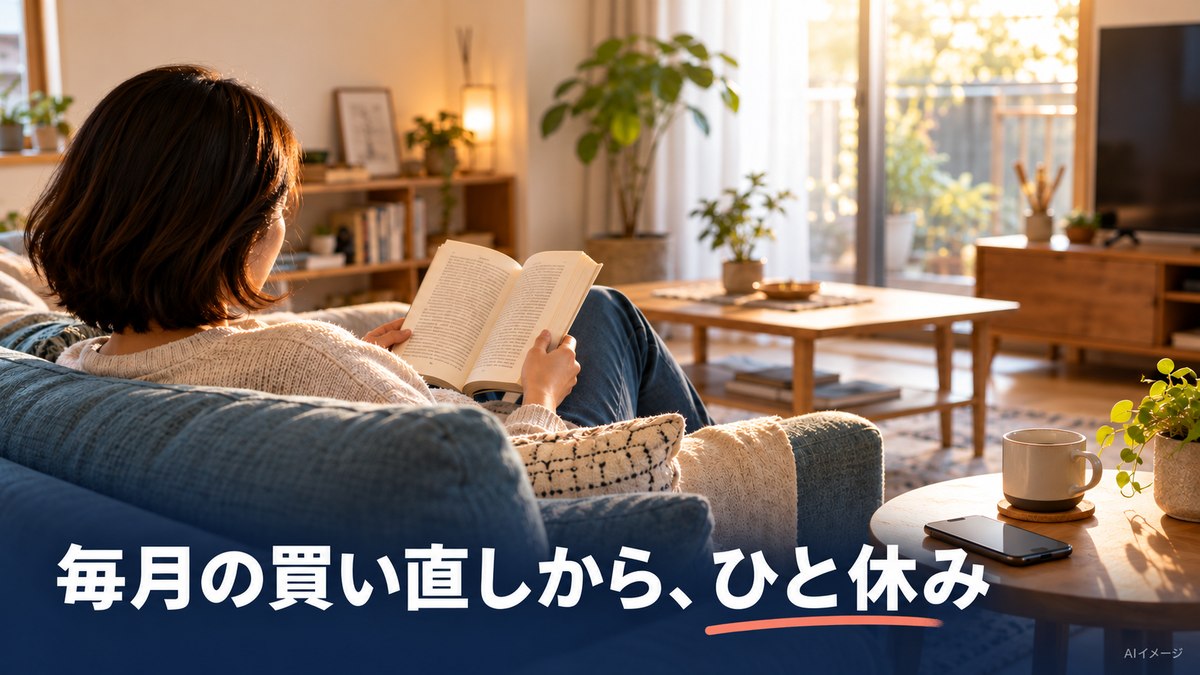 毎月の買い直しの手間を減らし、家で読書を楽しむAIイメージ