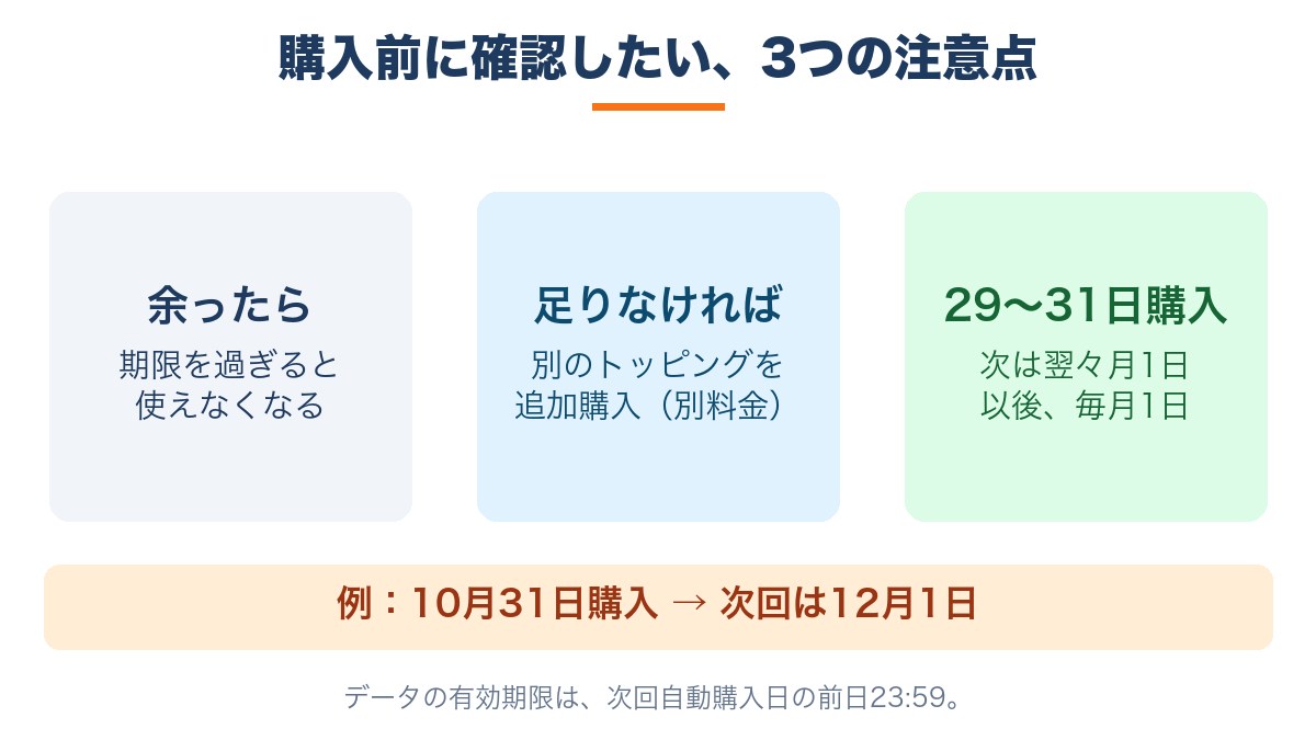 余りは期限切れで失効、不足分は別料金で追加、29日から31日の購入は翌々月1日に更新