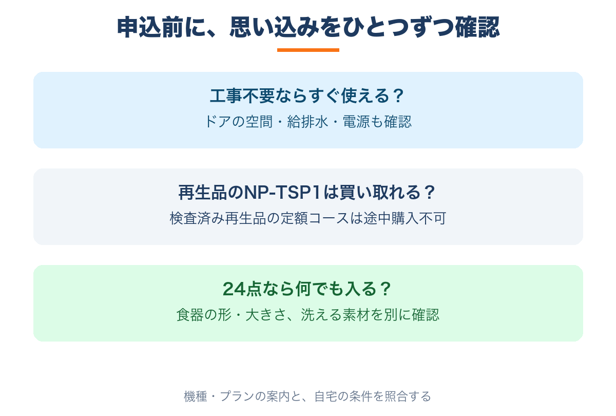 工事不要でも設置条件を確認し、NP-TSP1再生品コースの途中購入不可、標準食器24点と実際の食器は別に確認する注意点