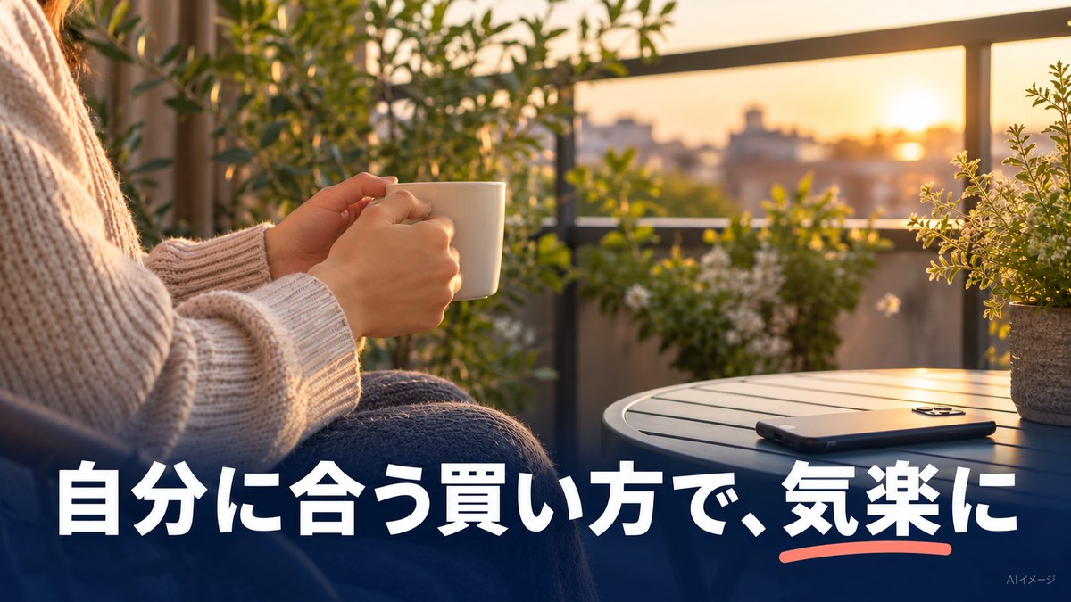 自分に合う買い方を選び、スマホを置いてくつろぐAIイメージ