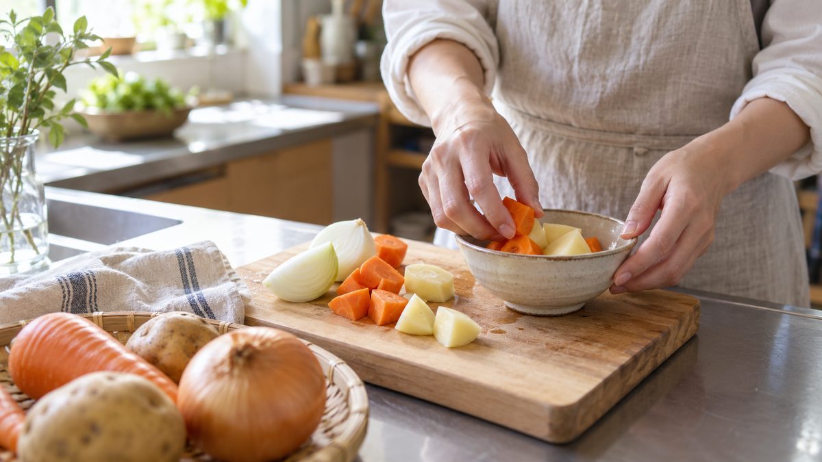 自宅のキッチンで、にんじんやじゃがいもを料理のために準備する手元。