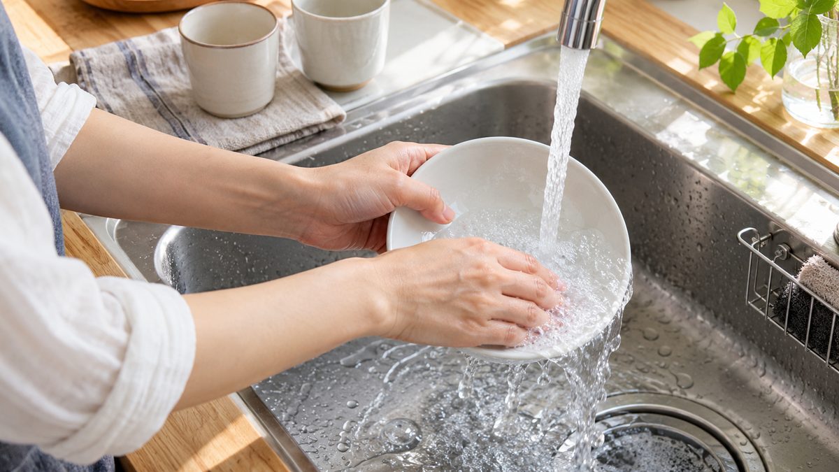 食後の片づけで、流し台で皿を洗う手元。