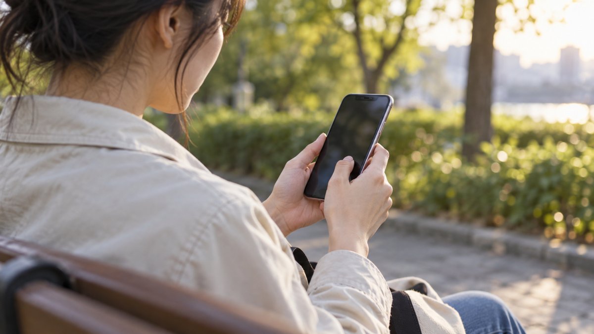 屋外でスマートフォンを確認する人のAIイメージ。本人や実際の操作画面ではありません。