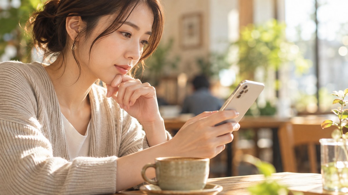 申込みの条件を確かめるためにカフェでスマートフォンを見ている人