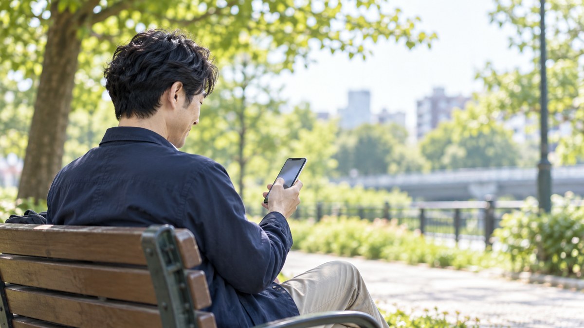 公園でスマートフォンを使い普段の連絡を取っている人